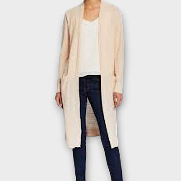 Donna Karan Womens Cardigan Sz Medium Tan Linen Knit Open Front Long Sleeves - Picture 1 of 11